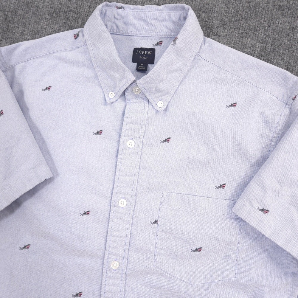 J Crew Oxford Shirt Mens M Blue Embroidered Great White Sharks Flex Short Sleeve